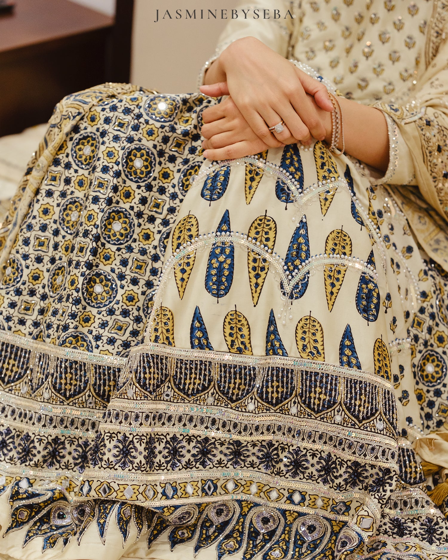 Custom made Ajrakh hand dyed hand block printed modal silk bridal lehenga set with pure handloom gajji silk dupatta detailed out with hand embroidry