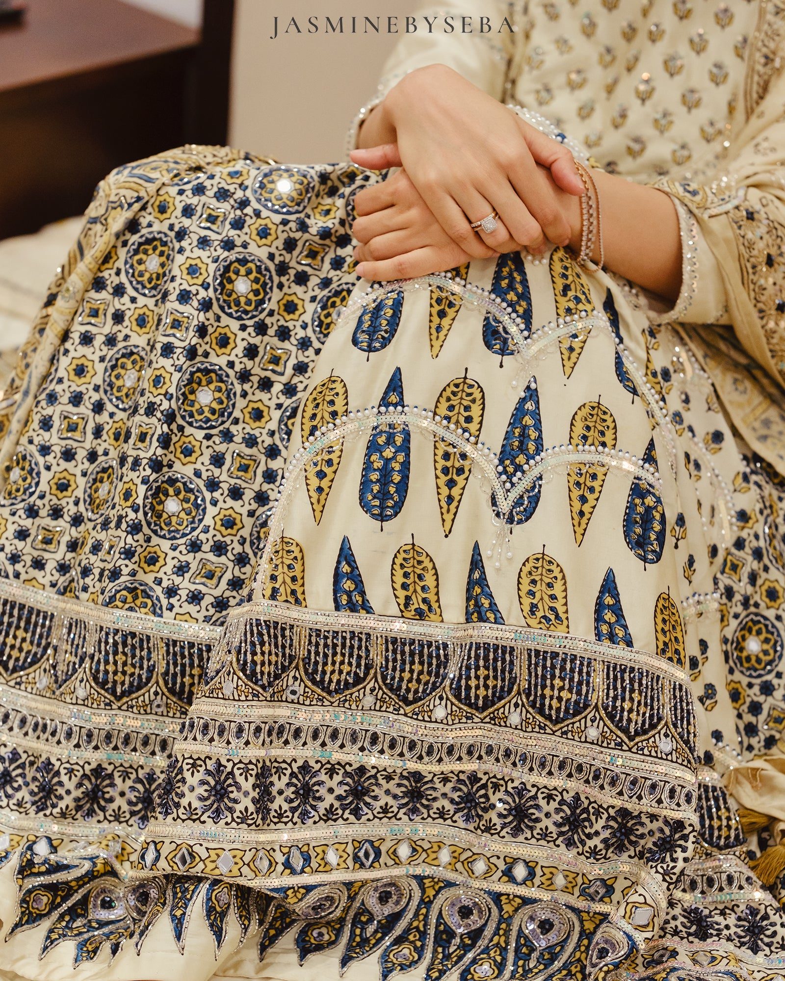 Custom made Ajrakh hand dyed hand block printed modal silk bridal lehenga set with pure handloom gajji silk dupatta detailed out with hand embroidry