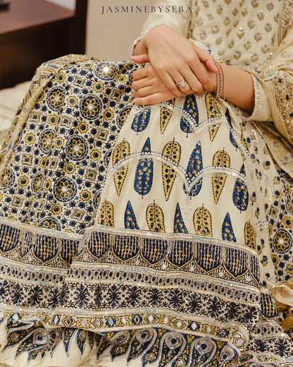 Custom made Ajrakh hand dyed hand block printed modal silk bridal lehenga set with pure handloom gajji silk dupatta detailed out with hand embroidry