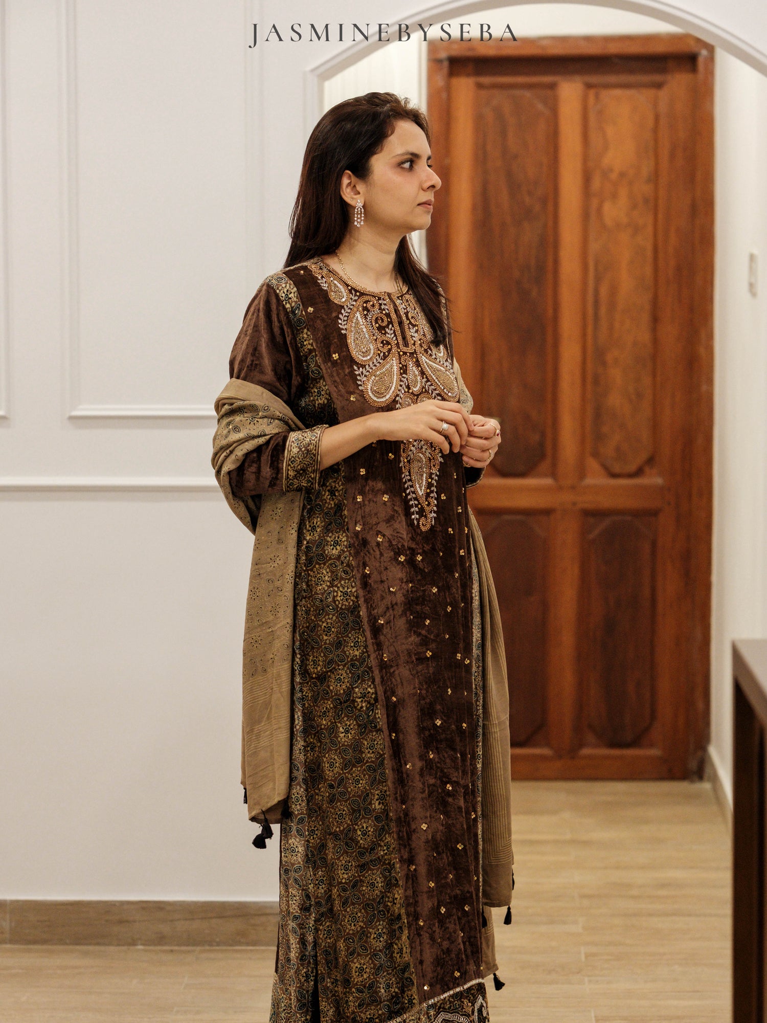 Ajrakh hand dyed hand block printed velvet silk salwar set with hand embroidry