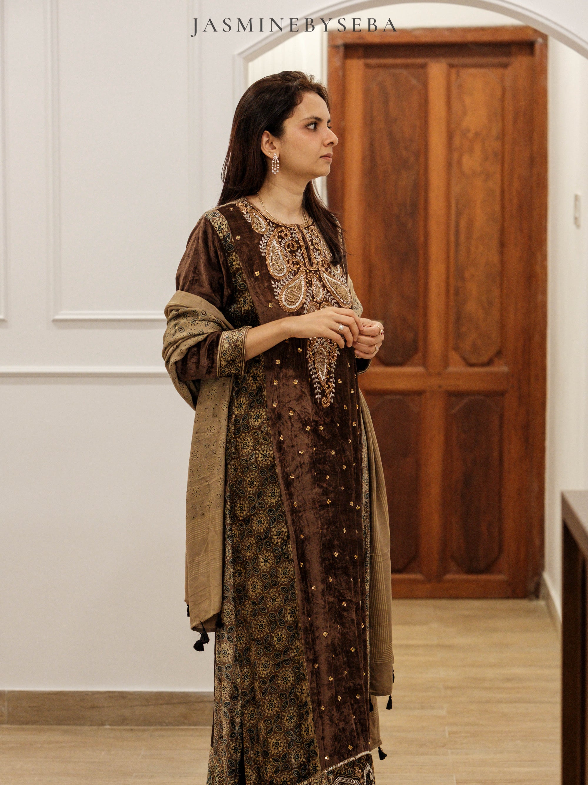Ajrakh hand dyed hand block printed velvet silk salwar set with hand embroidry