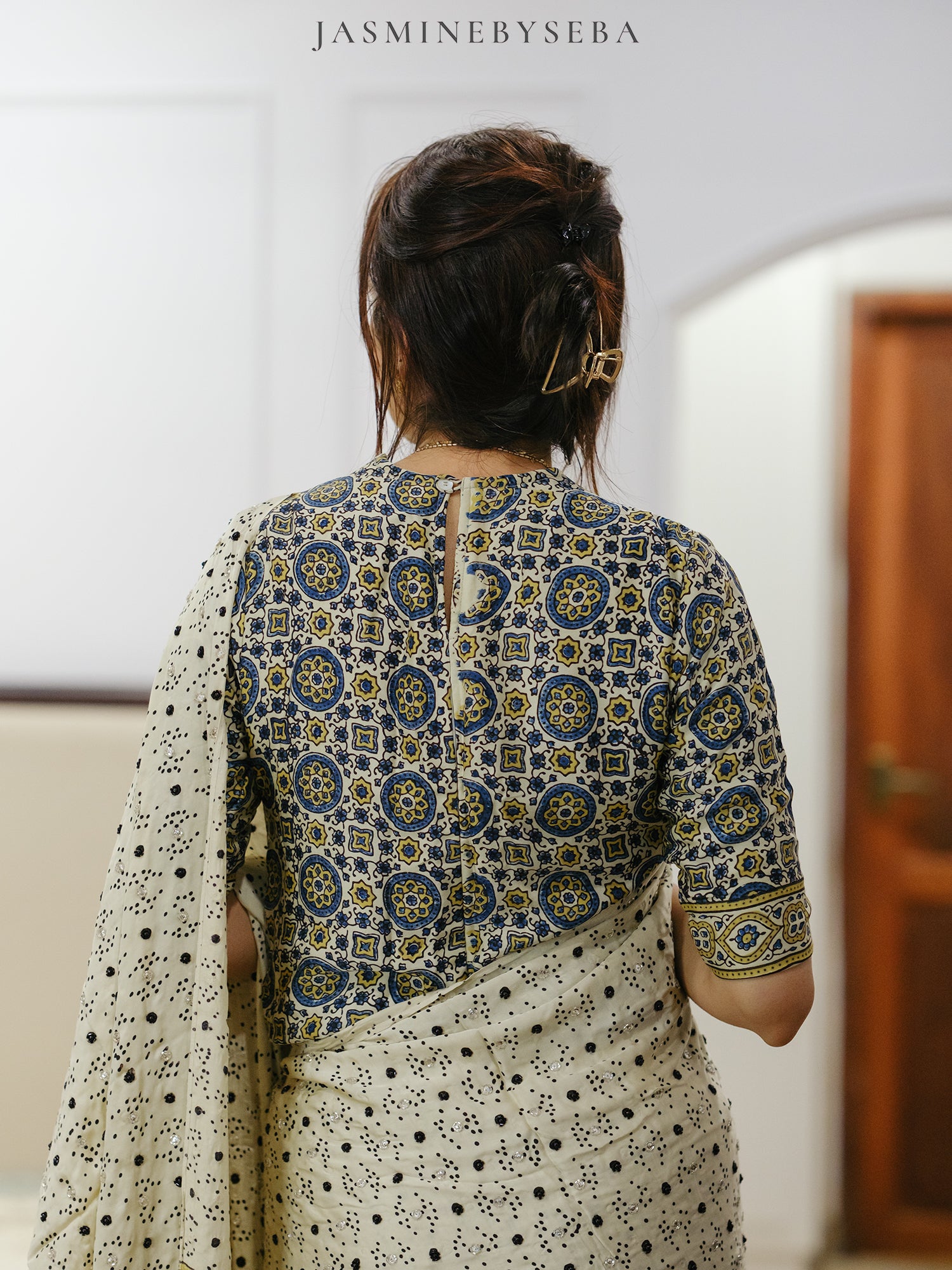 Ajrakh pure modal silk hand dyed, hand block printed and handworked saree