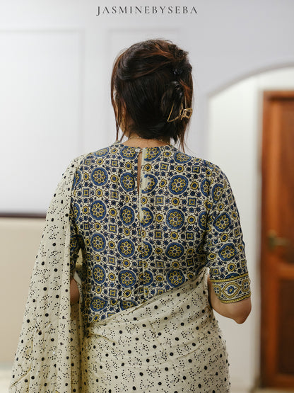 Ajrakh pure modal silk hand dyed, hand block printed and handworked saree