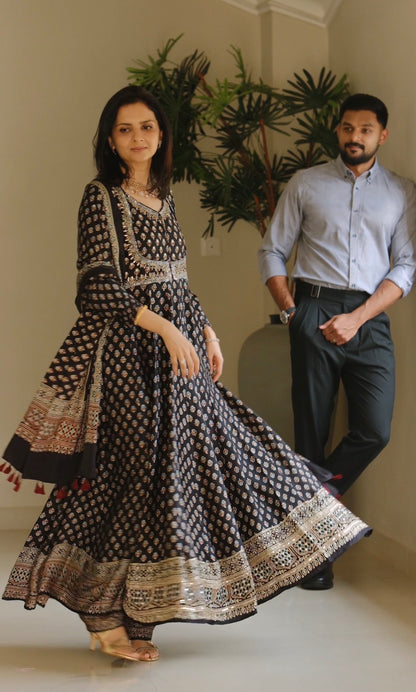 Custom made Ajrakh hand dyed hand block printed modal silk anarakali set with hand embroidry