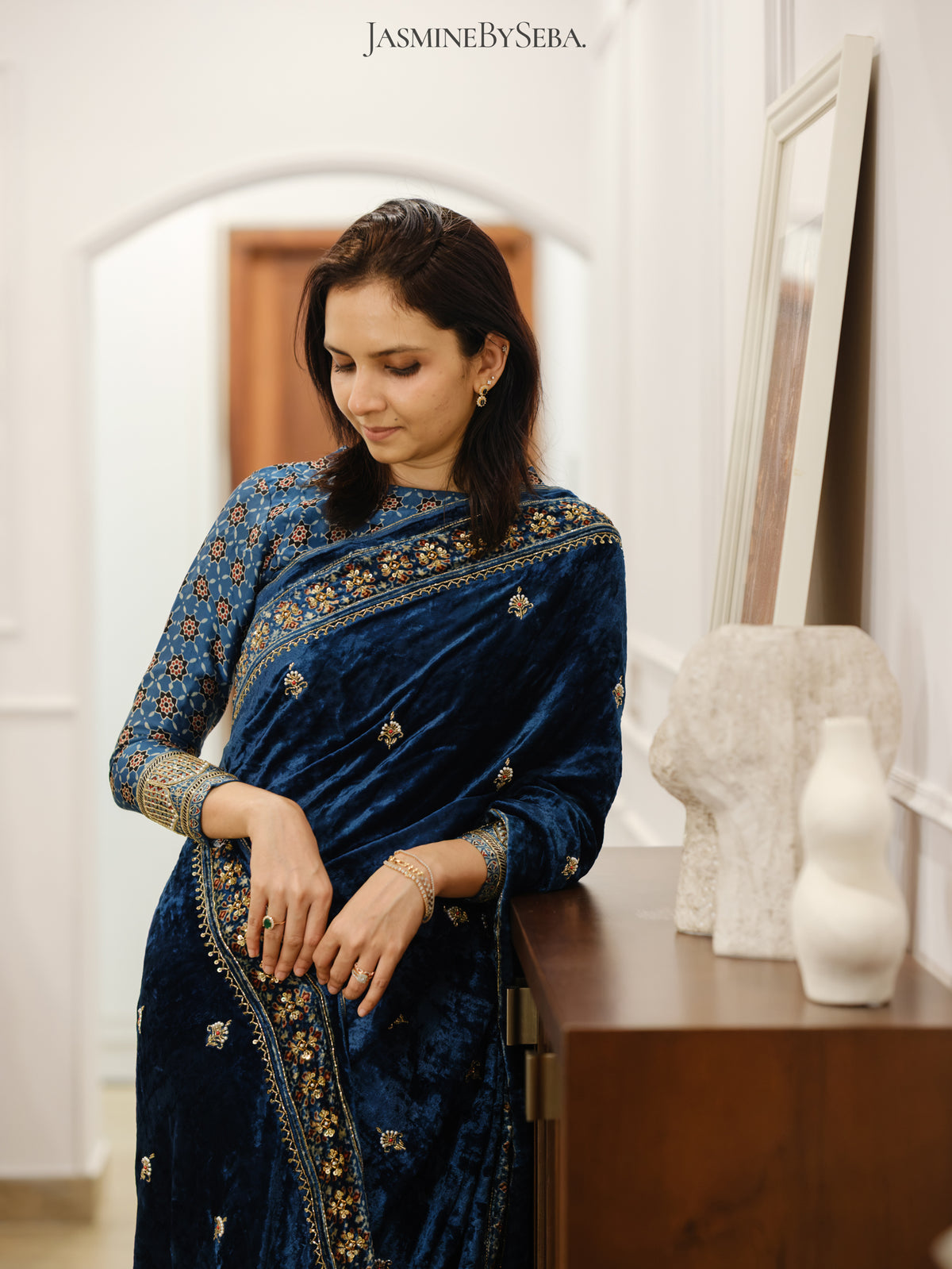 Ajrakh pure velvet silk hand dyed, hand block printed and handworked saree