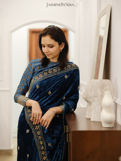 Ajrakh pure velvet silk hand dyed, hand block printed and handworked saree