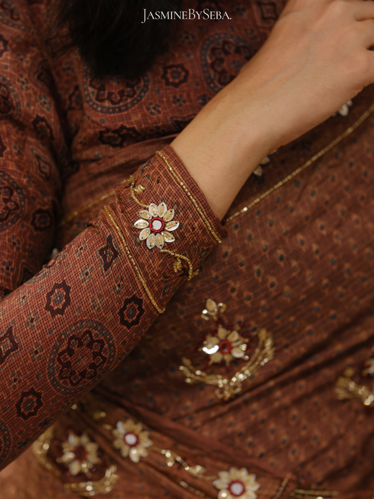 Ajrakh pure kota silk hand dyed, hand block printed and handworked saree
