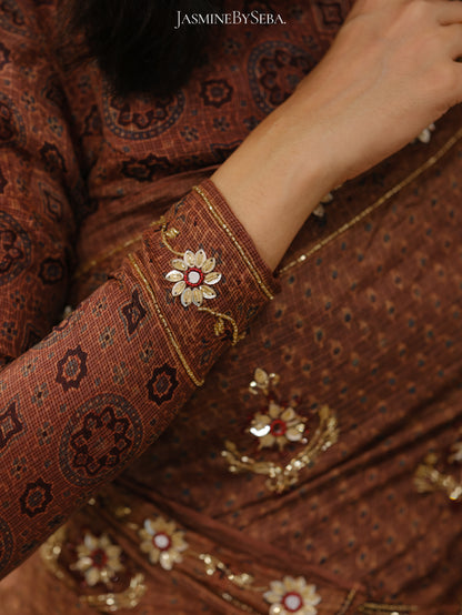 Ajrakh pure kota silk hand dyed, hand block printed and handworked saree