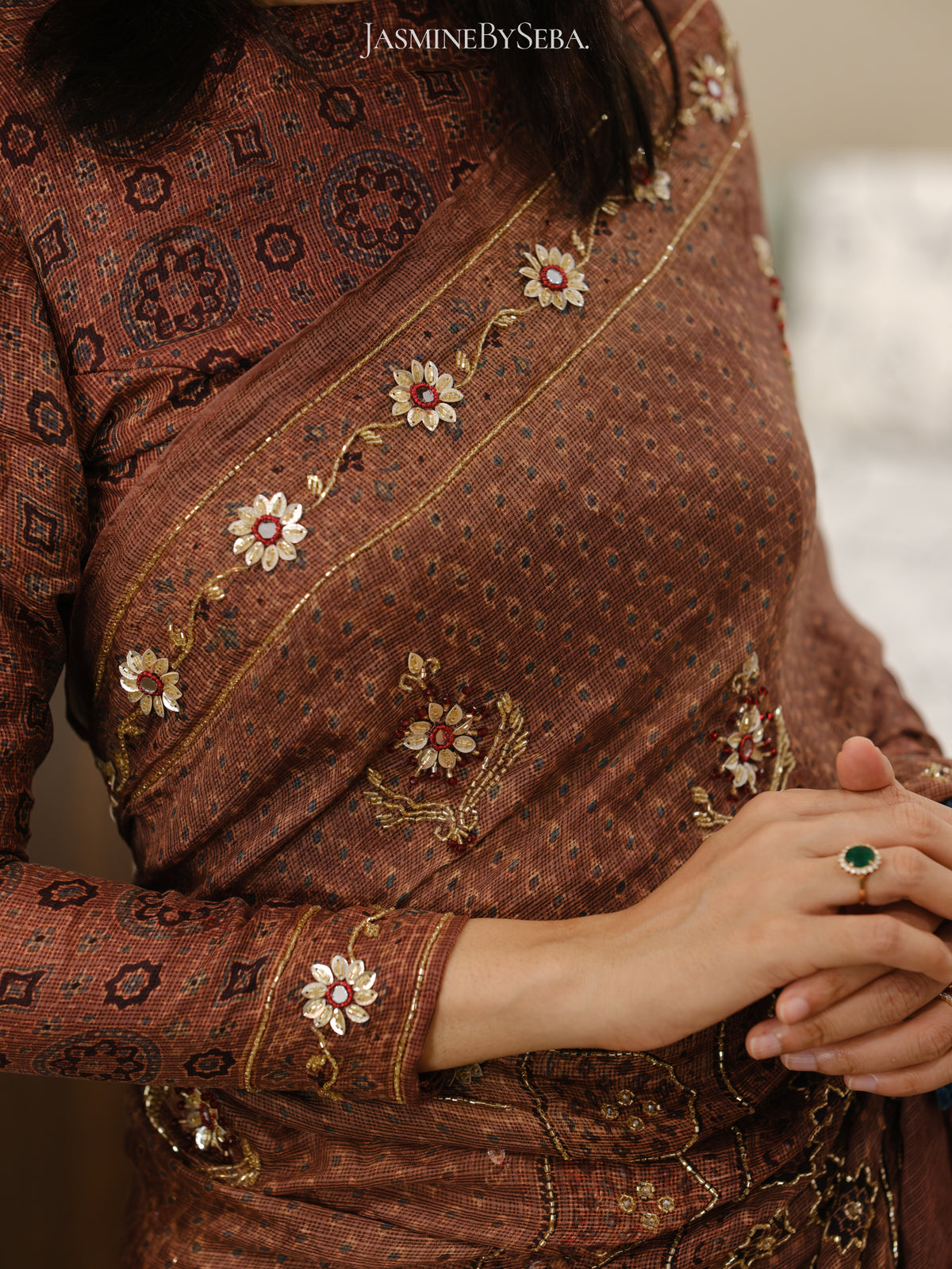 Ajrakh pure kota silk hand dyed, hand block printed and handworked saree