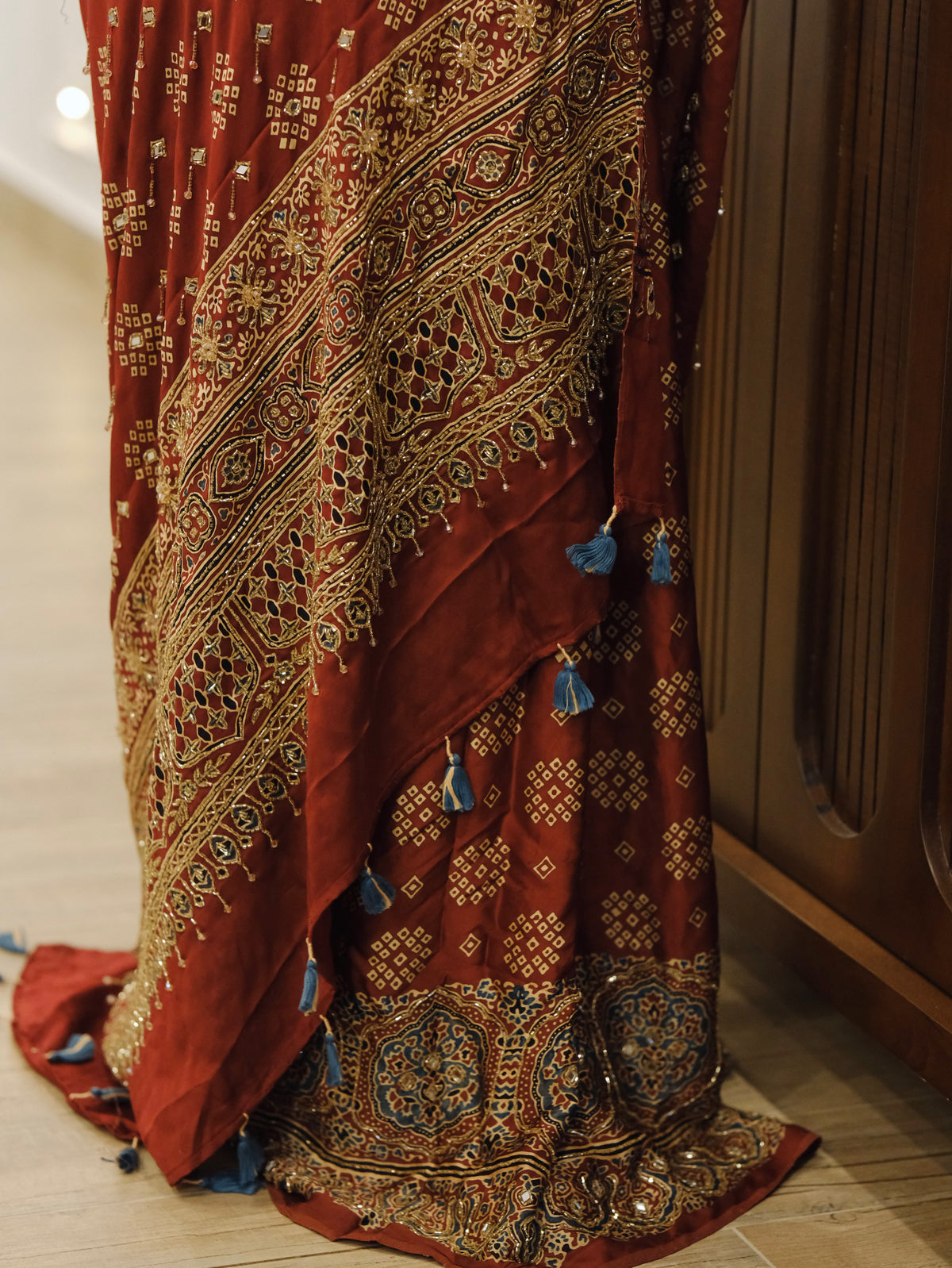 Ajrakh pure modal silk hand dyed, hand block printed and handworked saree