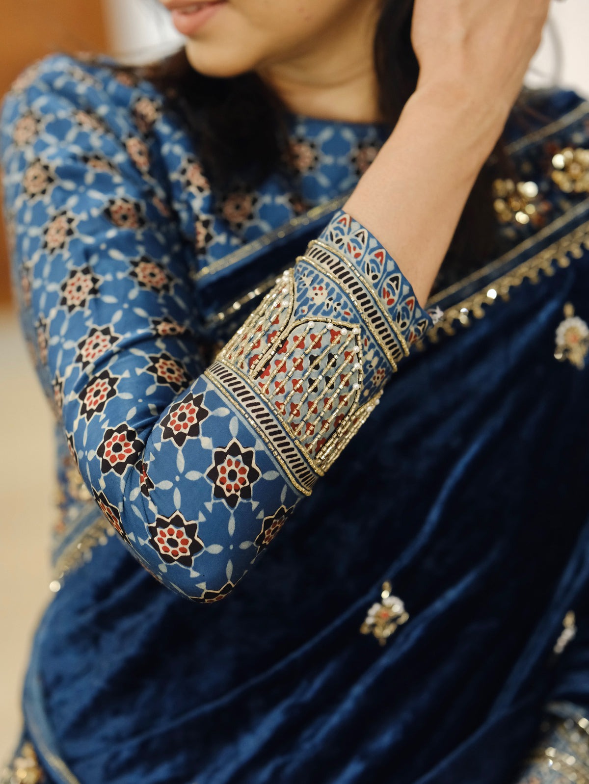 Ajrakh pure velvet silk hand dyed, hand block printed and handworked saree