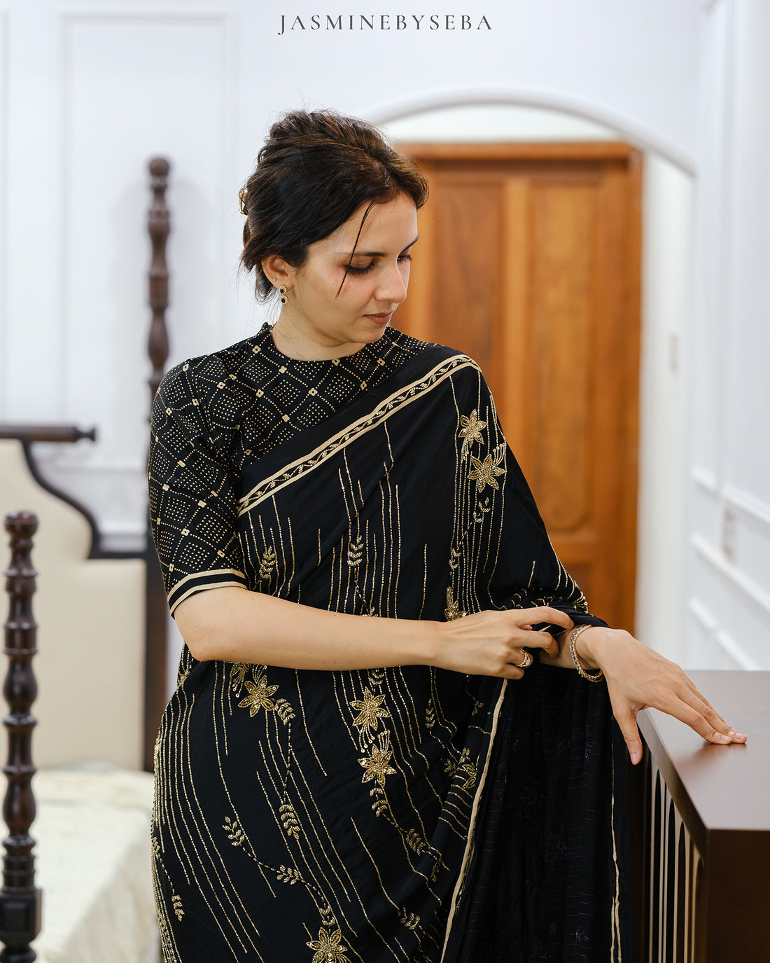 Ajrakh pure modal silk hand dyed, hand block printed and handworked saree