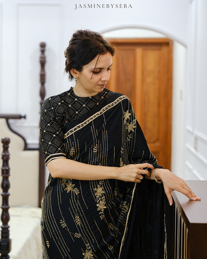 Ajrakh pure modal silk hand dyed, hand block printed and handworked saree