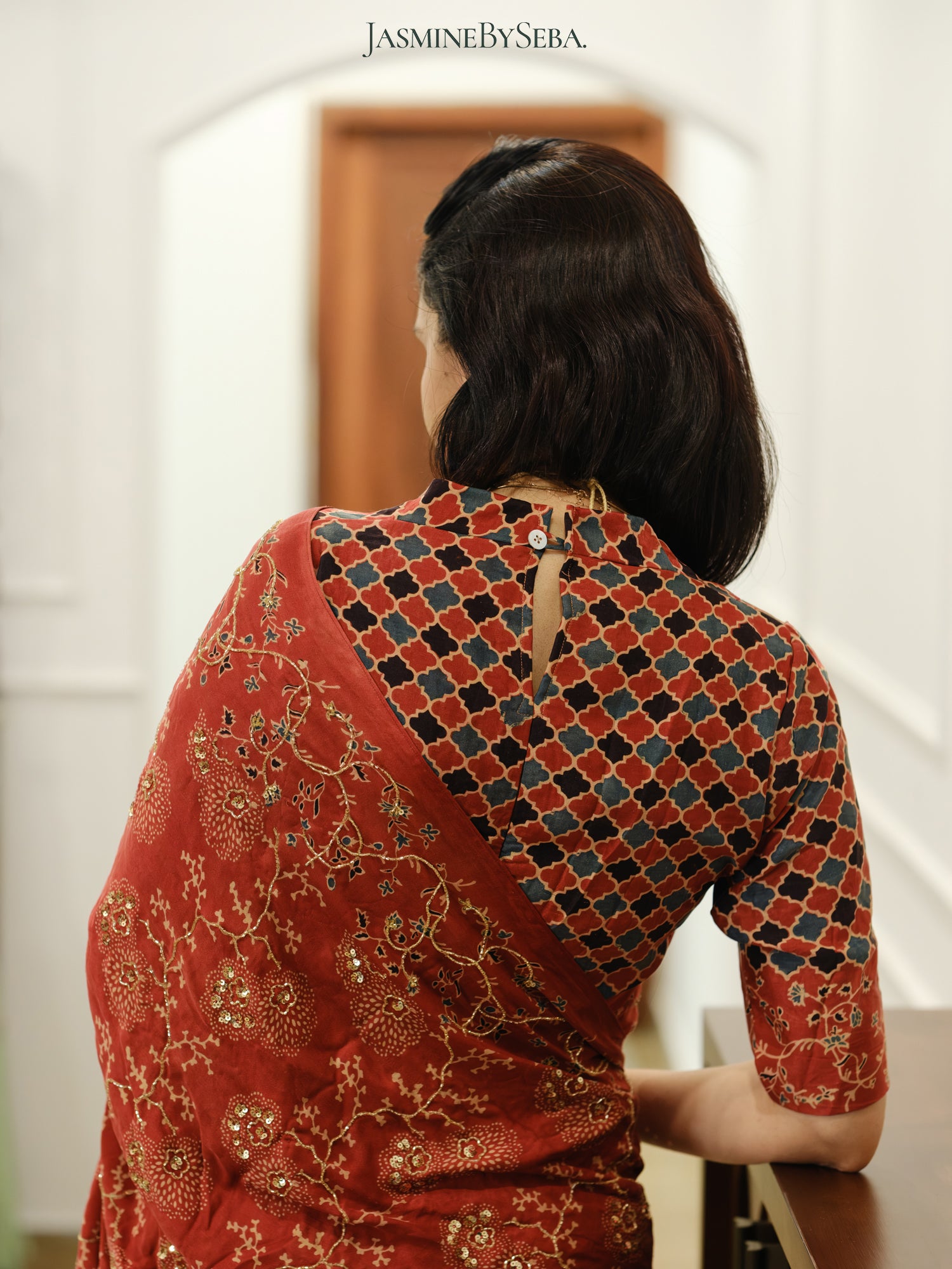 Ajrakh bridal pure handloom gajji silk hand dyed, hand block printed and handworked saree