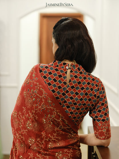 Ajrakh bridal pure handloom gajji silk hand dyed, hand block printed and handworked saree