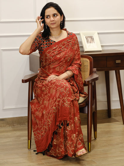 Ajrakh bridal pure handloom gajji silk hand dyed, hand block printed and handworked saree