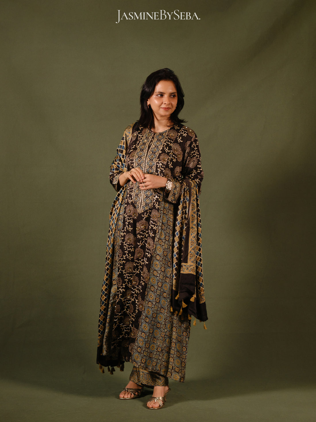 Ajrakh hand dyed hand block printed modal silk panel cut salwar set with cut bead handwork