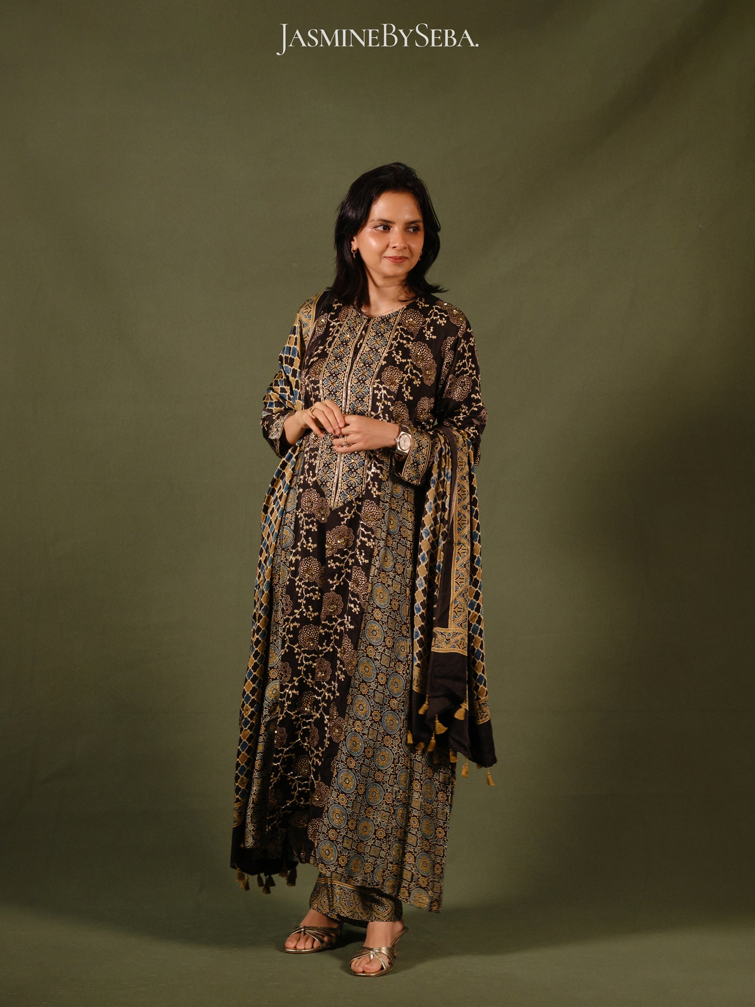 Ajrakh hand dyed hand block printed modal silk panel cut salwar set with cut bead handwork