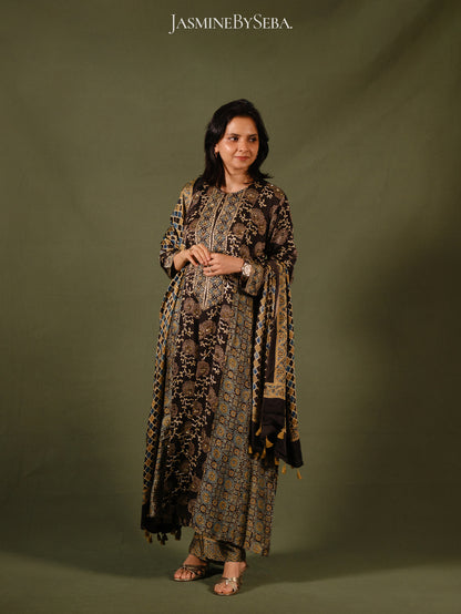 Ajrakh hand dyed hand block printed modal silk panel cut salwar set with cut bead handwork