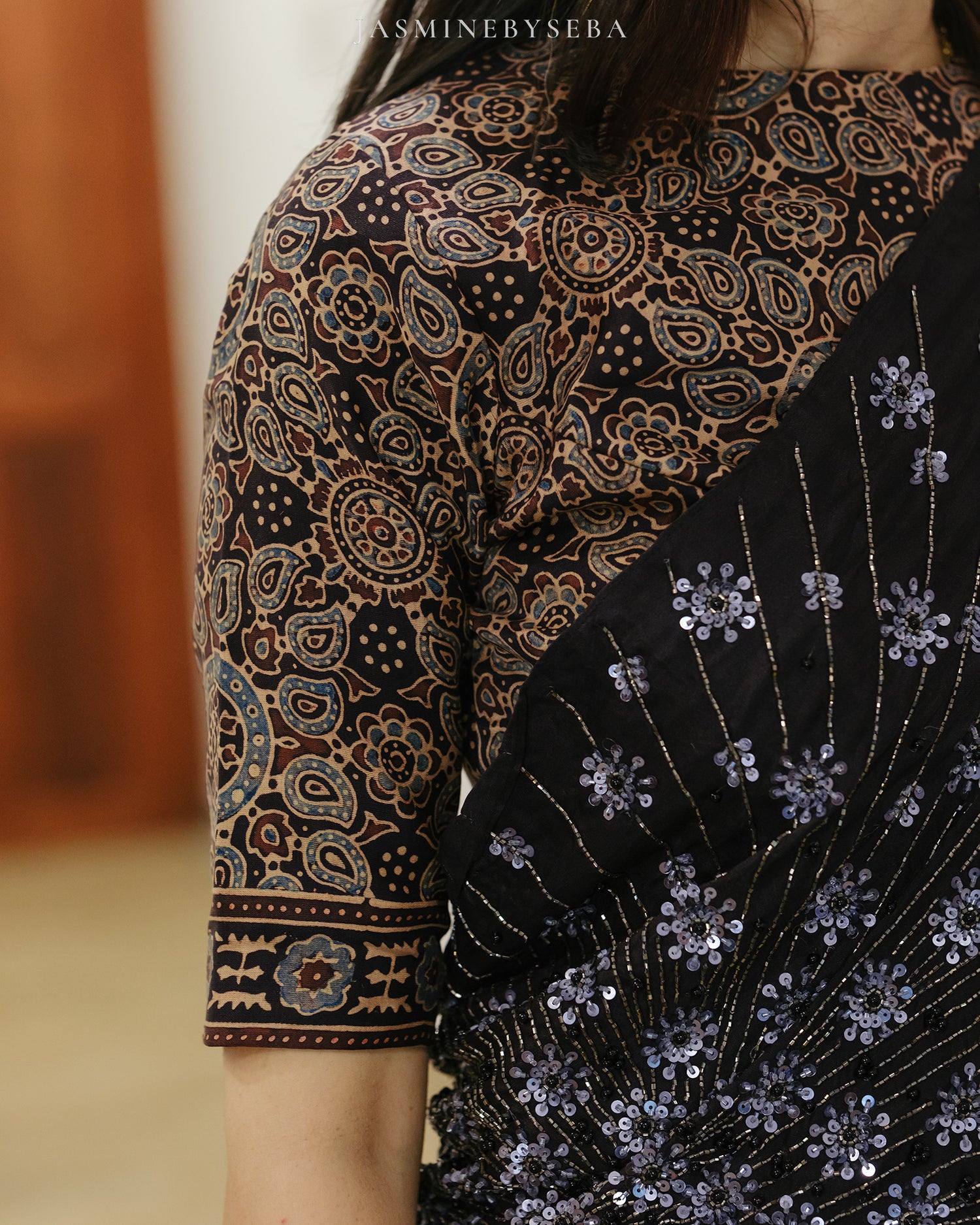 Ajrakh pure handloom gajji silk hand dyed, hand block printed and handworked saree