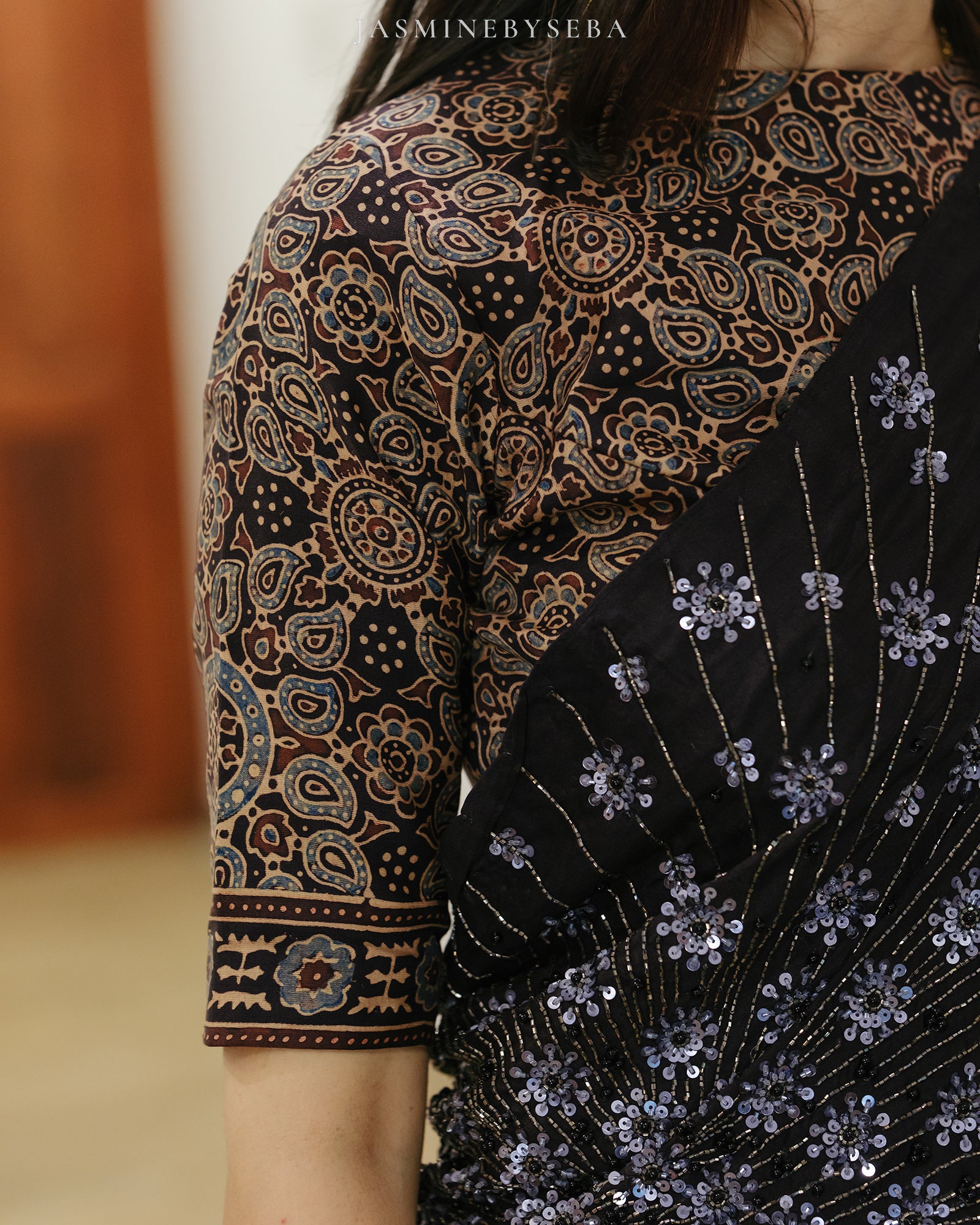 Ajrakh pure handloom gajji silk hand dyed, hand block printed and handworked saree