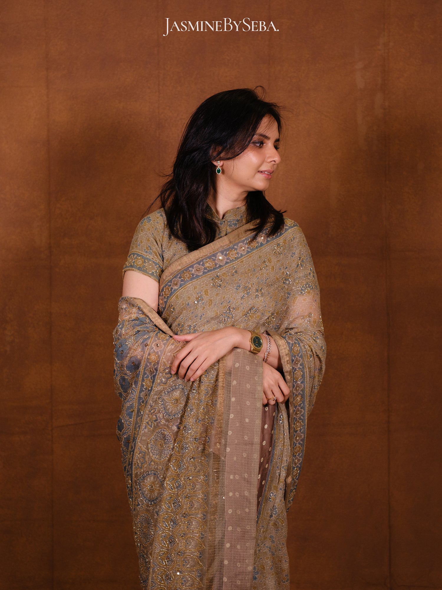 Ajrakh pure kota doria hand dyed, hand block printed and handworked saree