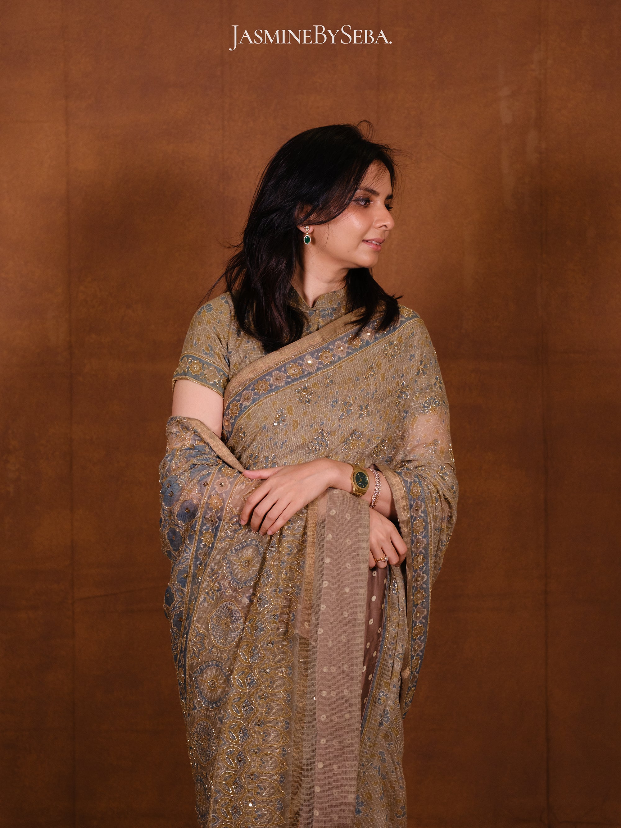 Ajrakh pure kota doria hand dyed, hand block printed and handworked saree