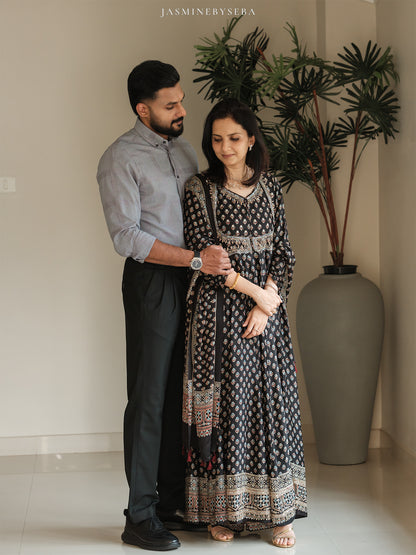 Custom made Ajrakh hand dyed hand block printed modal silk anarakali set with hand embroidry