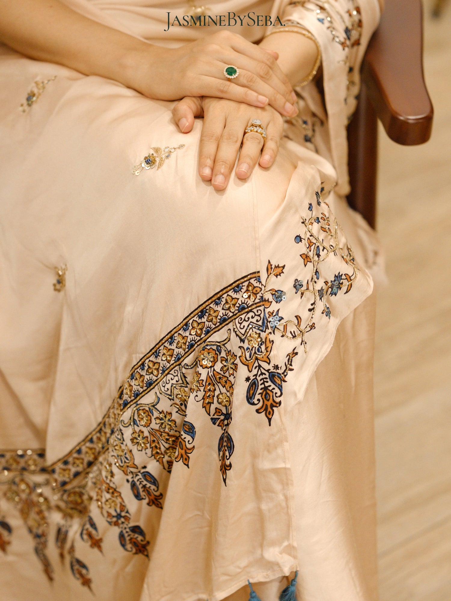 Bespoke ‘Jasmine’ hand printed 
Ajrakh pure modal silk hand dyed, hand block printed and handworked saree
