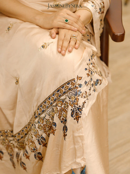 Bespoke ‘Jasmine’ hand printed 
Ajrakh pure modal silk hand dyed, hand block printed and handworked saree