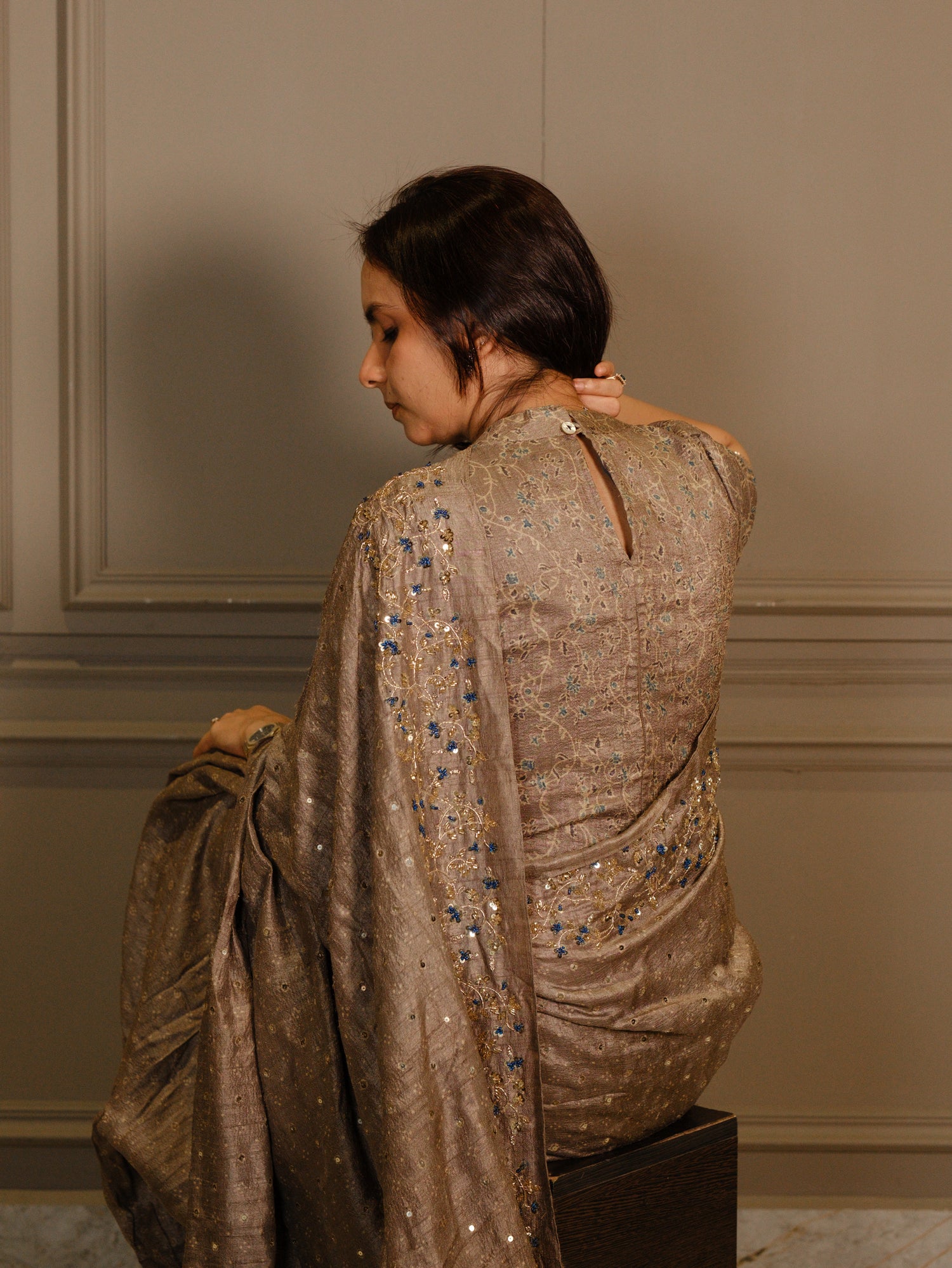 Ajrakh pure handloom tussar silk hand dyed, hand block printed and handembroideredsaree