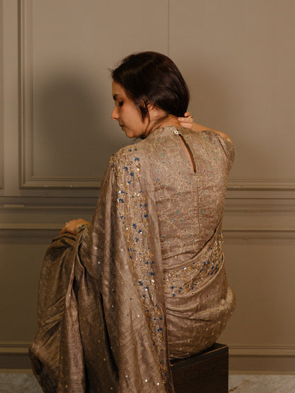 Ajrakh pure handloom tussar silk hand dyed, hand block printed and handembroideredsaree