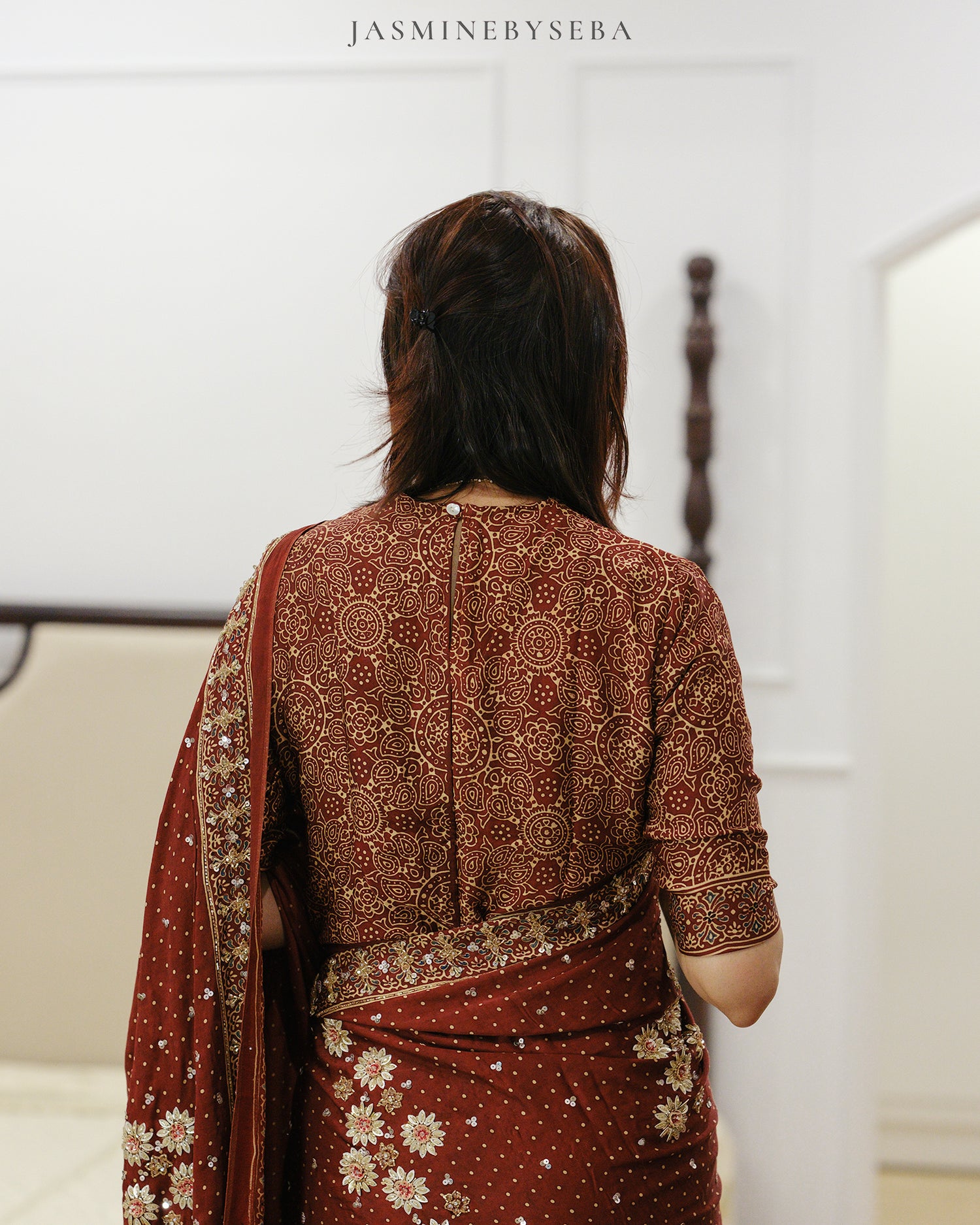 Ajrakh pure modal silk hand dyed, hand block printed and handworked saree