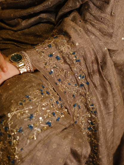Ajrakh pure handloom tussar silk hand dyed, hand block printed and handembroideredsaree