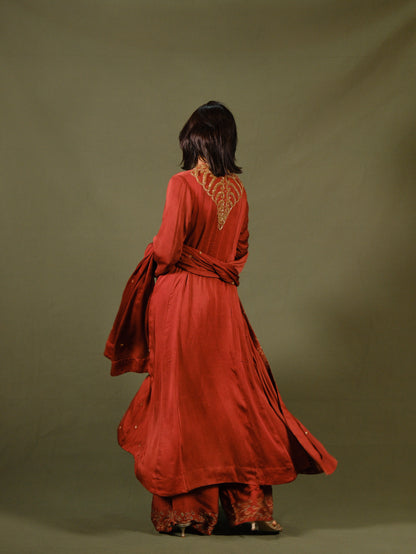 Ajrakh hand dyed hand block printed modal silk panel cut salwar set with cut bead handwork