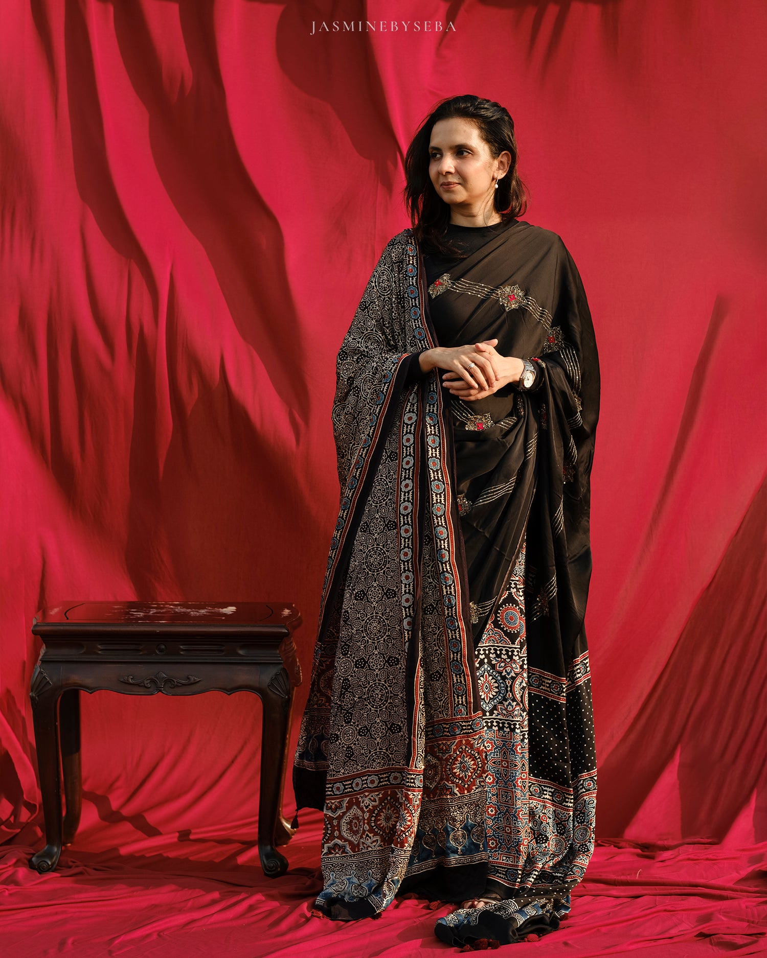 Ajrakh modal silk hand dyed, hand block printed and handworked saree with modal silk handworked dupatta