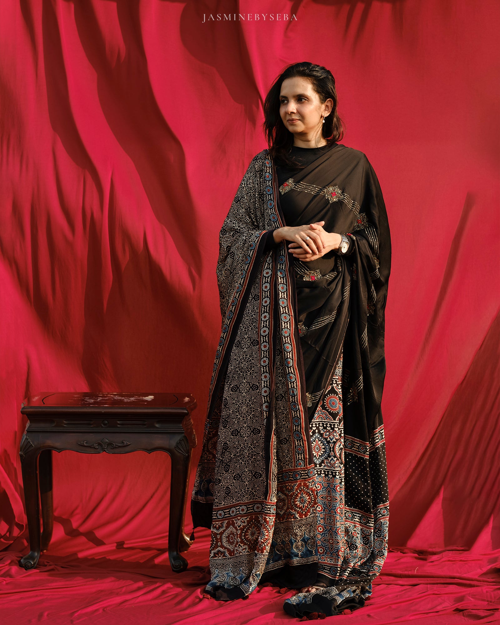Ajrakh modal silk hand dyed, hand block printed and handworked saree with modal silk handworked dupatta