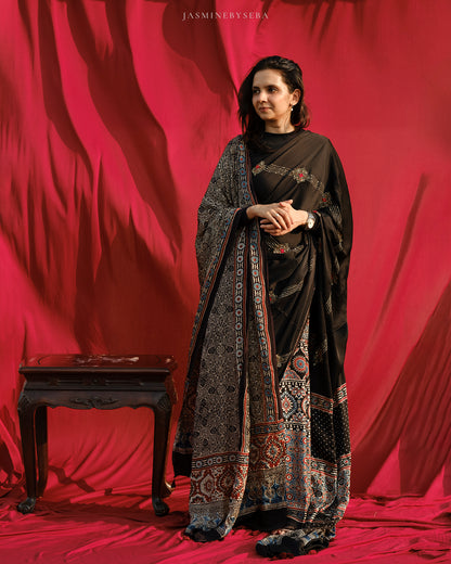Ajrakh modal silk hand dyed, hand block printed and handworked saree with modal silk handworked dupatta