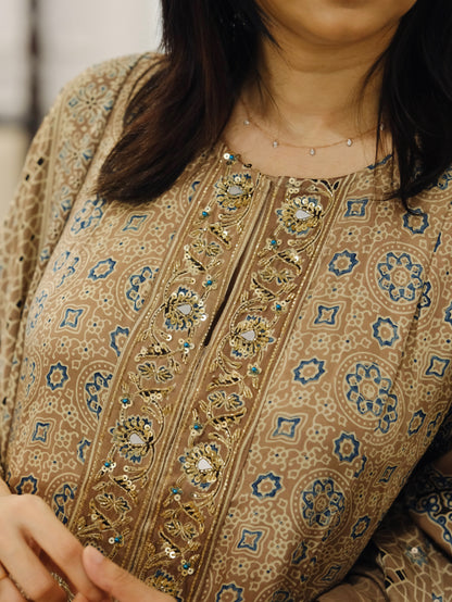 Ajrakh hand dyed hand block printed modal silk panel cut salwar set with cut bead handwork