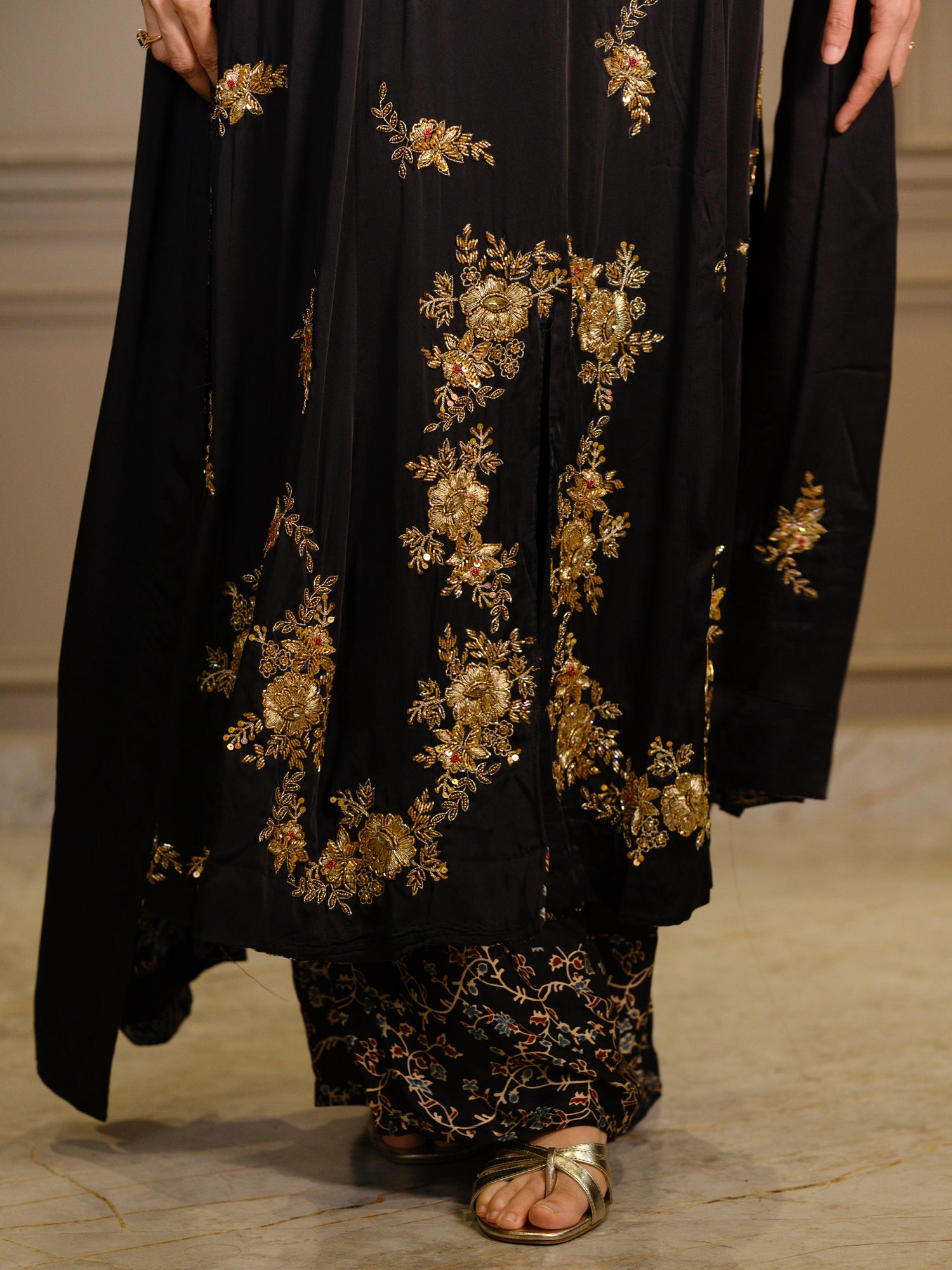 Ajrakh hand dyed hand block printed modal silk panel cut salwar set with cut bead handwork