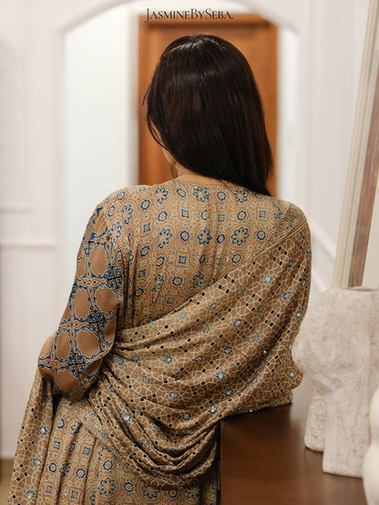 Ajrakh hand dyed hand block printed modal silk panel cut salwar set with cut bead handwork