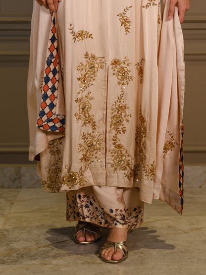Ajrakh hand dyed hand block printed modal silk panel cut salwar set with cut bead handwork