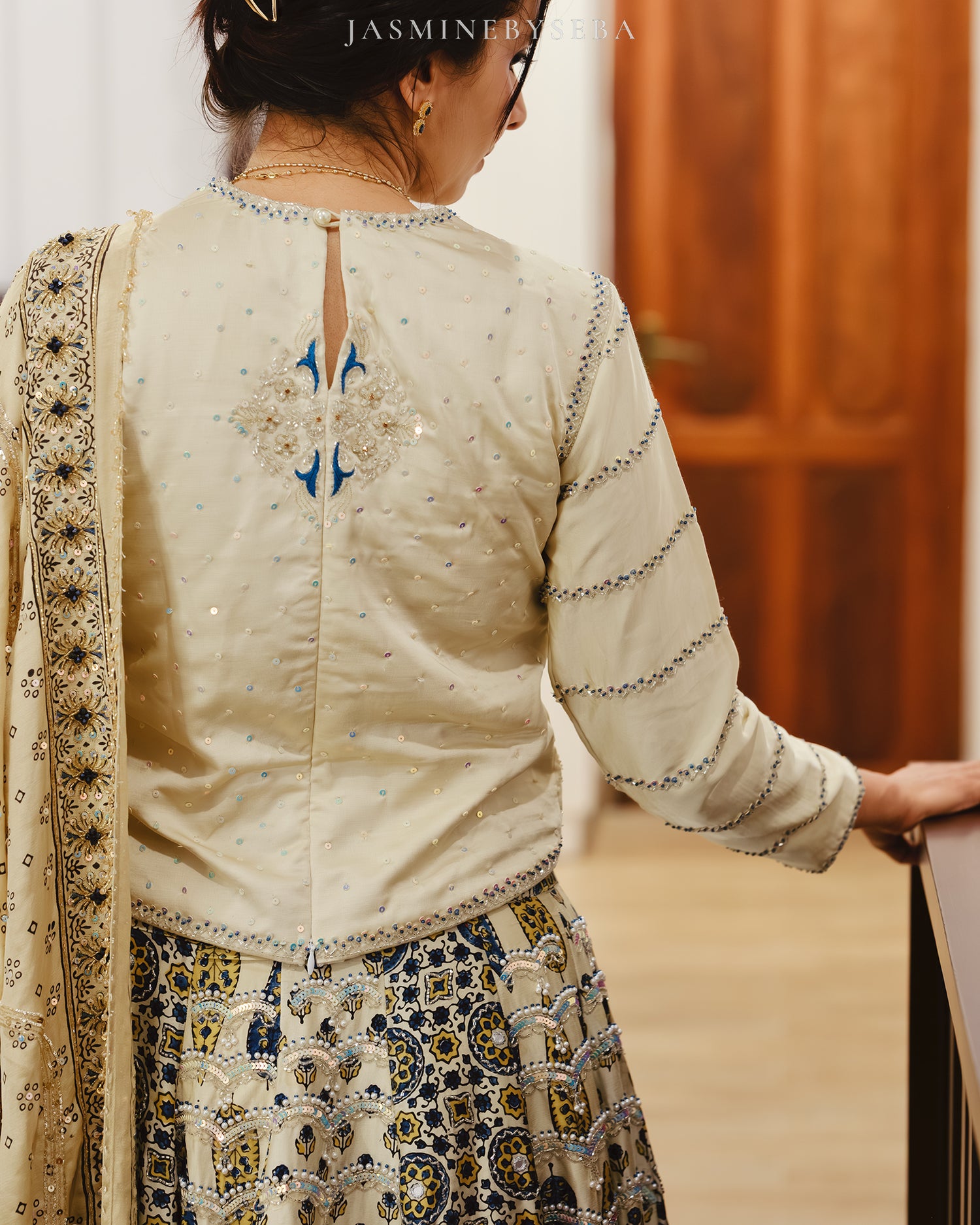 Custom made Ajrakh hand dyed hand block printed modal silk bridal lehenga set with pure handloom gajji silk dupatta detailed out with hand embroidry