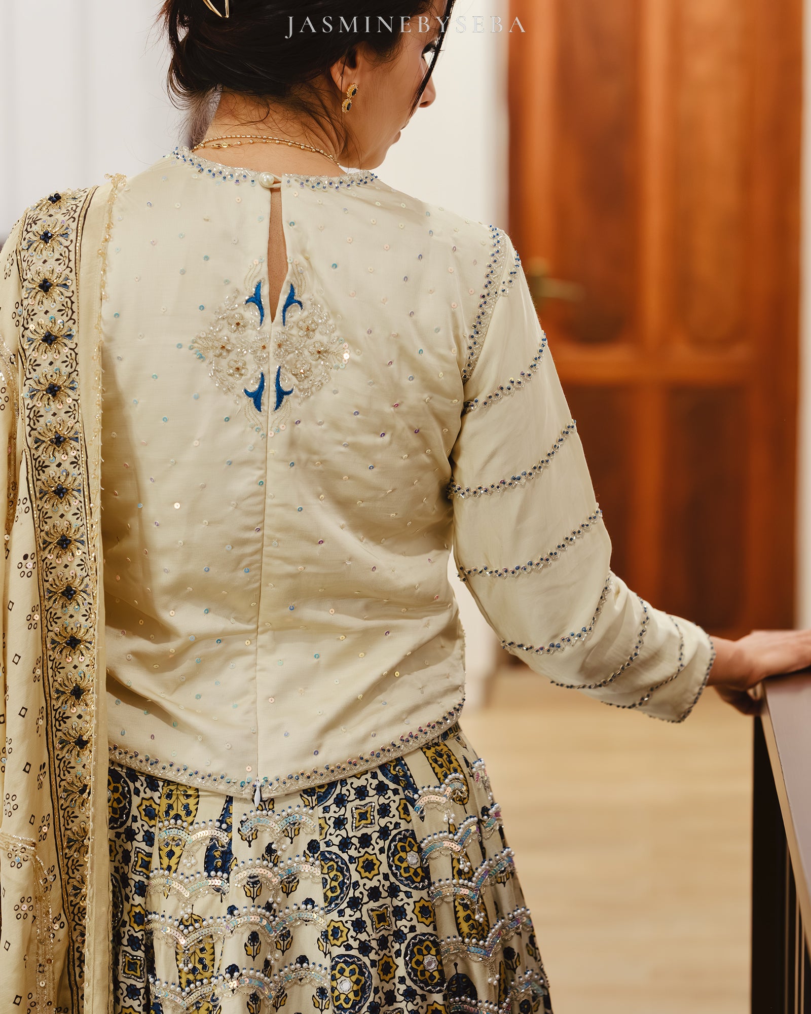 Custom made Ajrakh hand dyed hand block printed modal silk bridal lehenga set with pure handloom gajji silk dupatta detailed out with hand embroidry