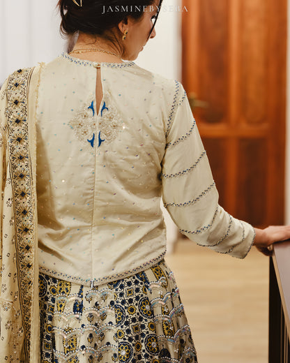 Custom made Ajrakh hand dyed hand block printed modal silk bridal lehenga set with pure handloom gajji silk dupatta detailed out with hand embroidry