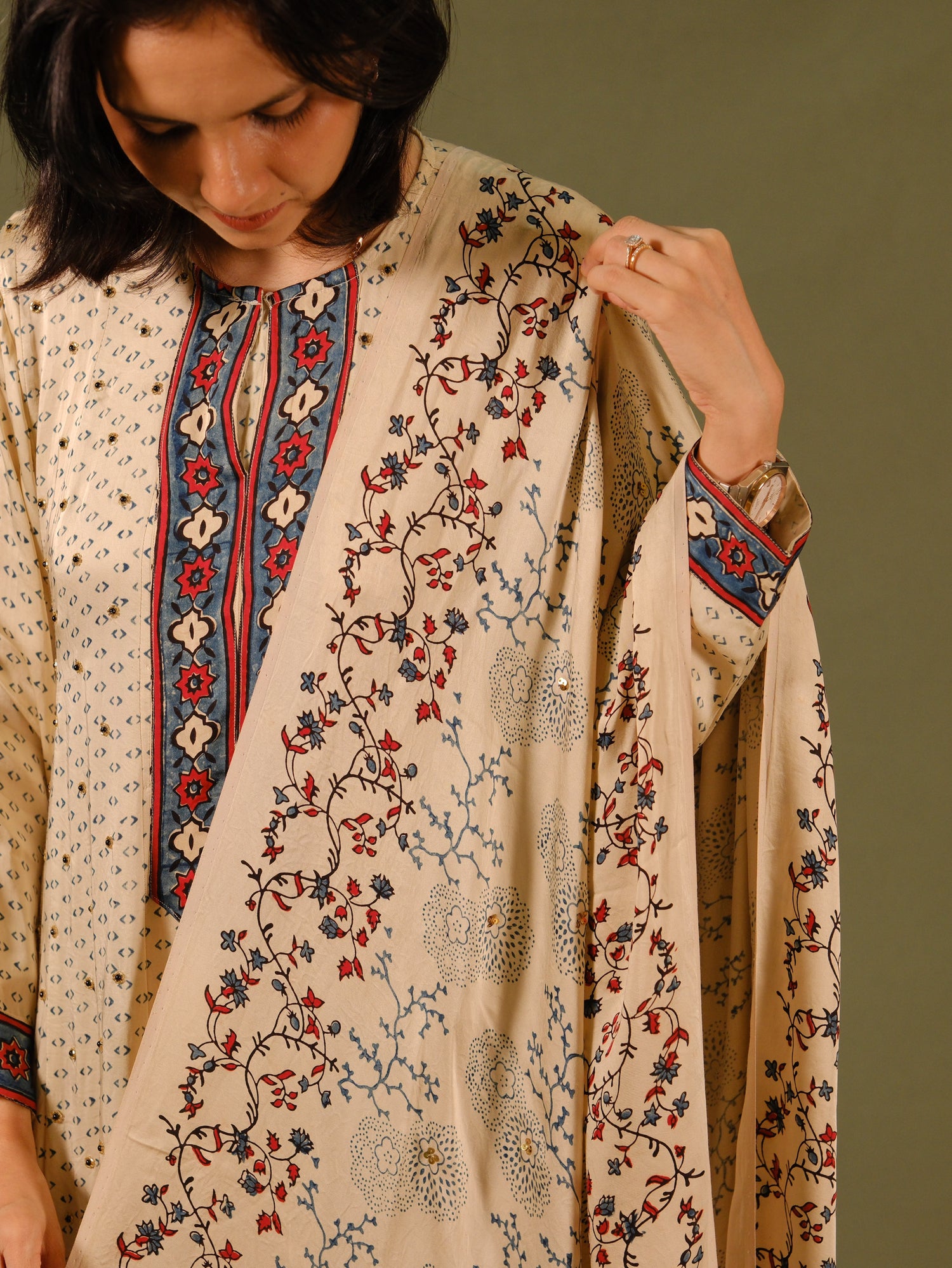 Ajrakh hand dyed hand block printed modal silk panel cut salwar set with cut bead handwork