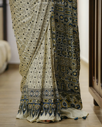 Ajrakh pure modal silk hand dyed, hand block printed and handworked saree