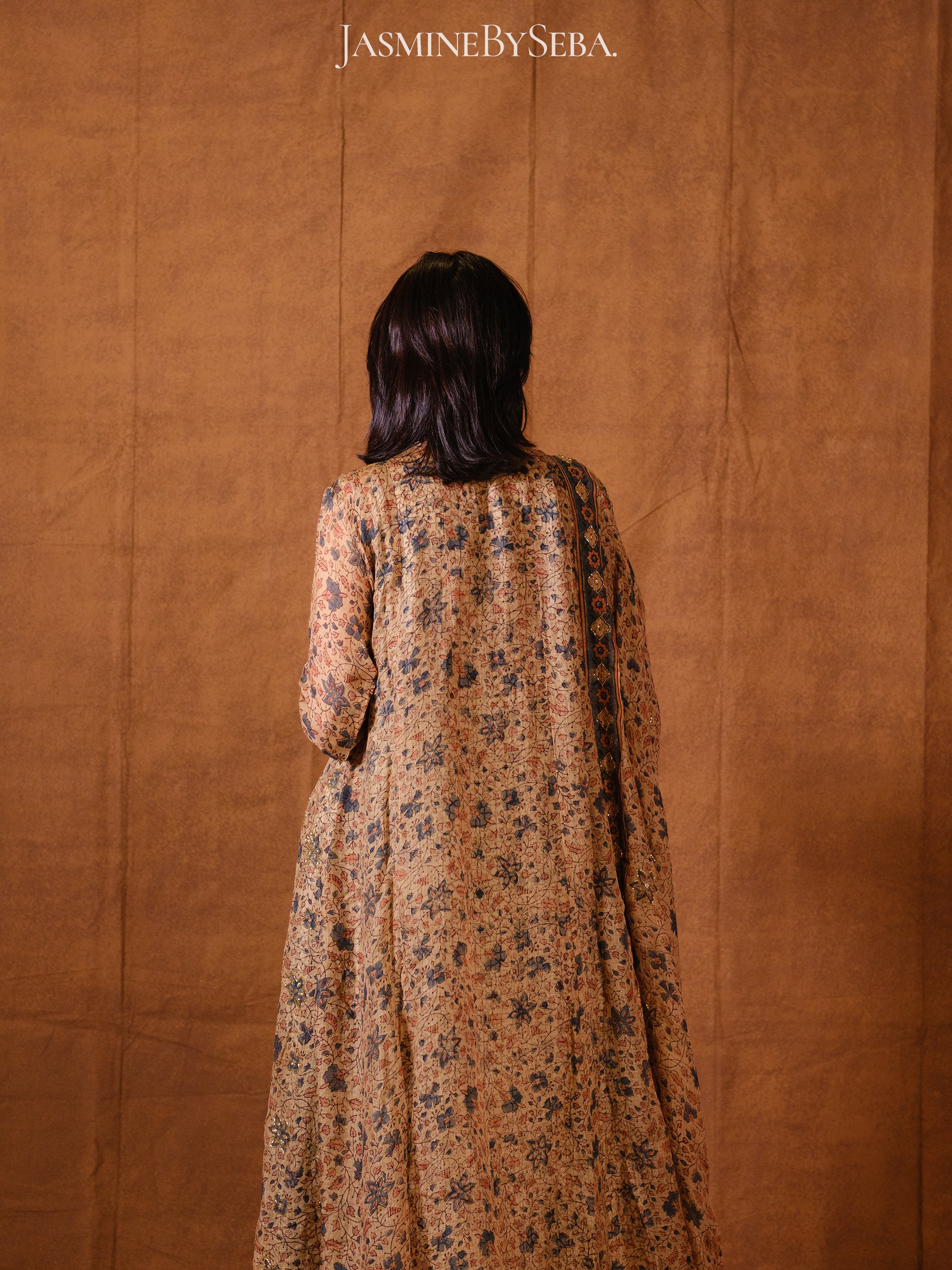 Ajrakh hand dyed hand block printed kota silk jacket set with cut bead handwork