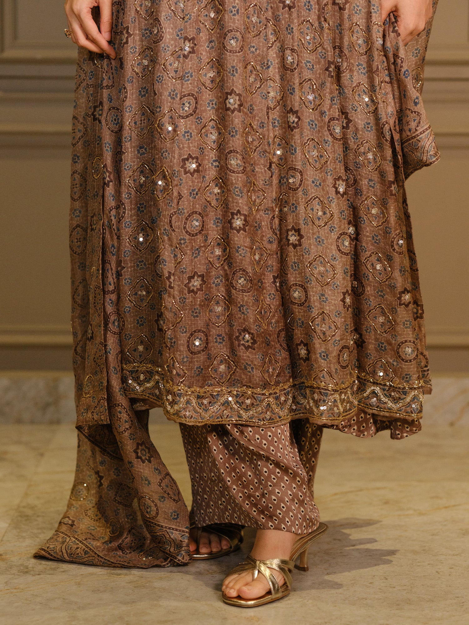 Ajrakh hand dyed hand block printed kota silk jacket set with cut bead handwork