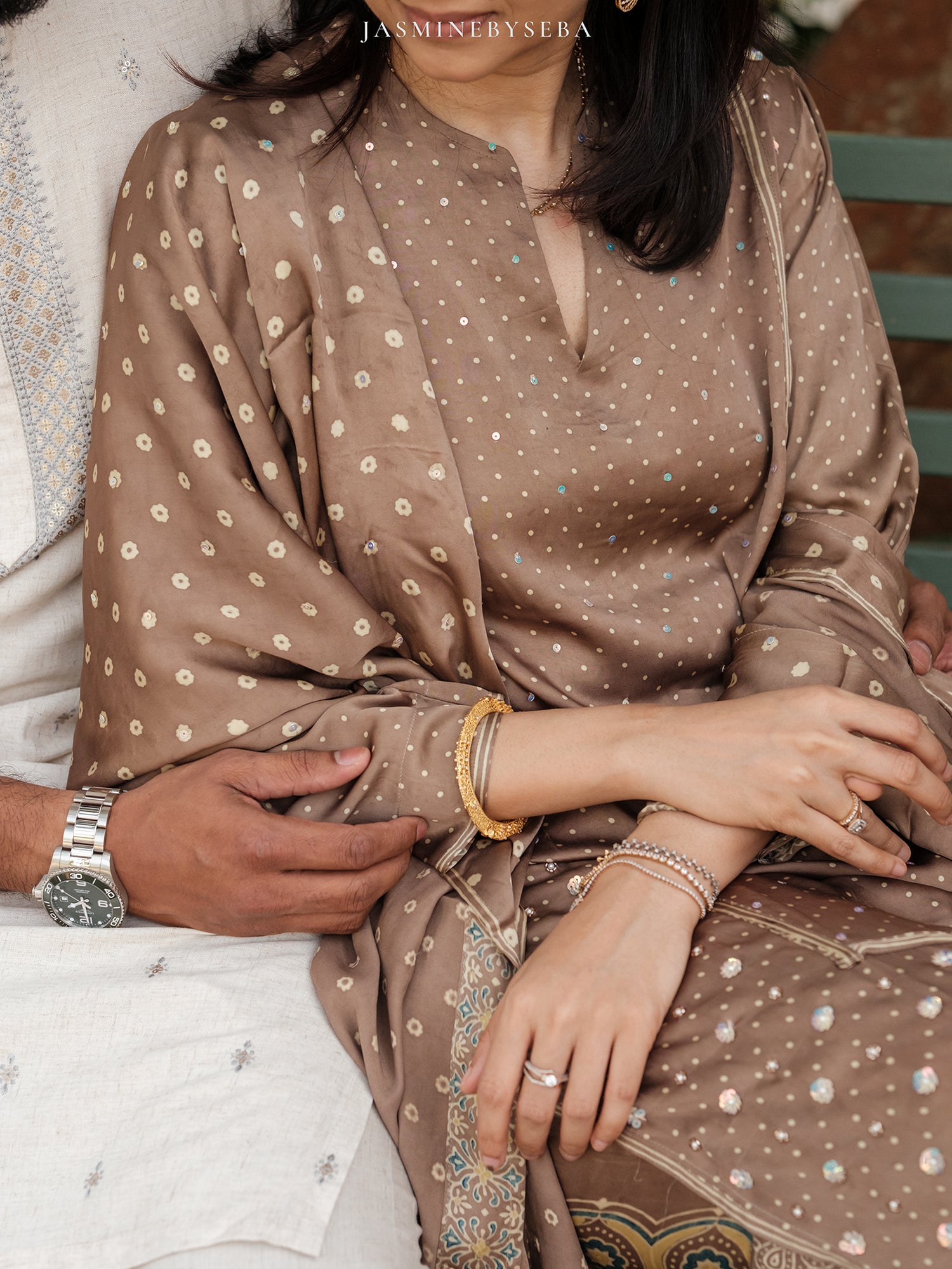 Ajrakh hand dyed hand block printed modal silk panel cut salwar set with cut bead handwork